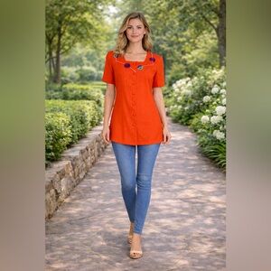 Vintage Orange Embroidered Tunic Blouse Mini Dress Boho Floral Button Front S